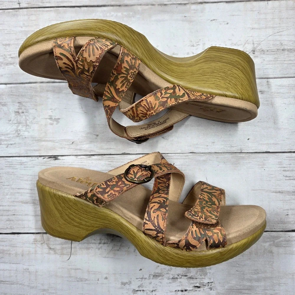 Alegria Wedge Sandal Women 37 Brown Floral Leather ROU-166 Boho Platform Strappy